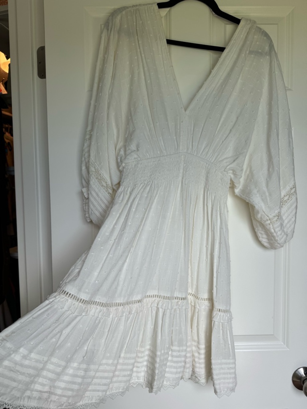 Sanctuary Cream Textured V-Neck Smocked Waist Midi Dress